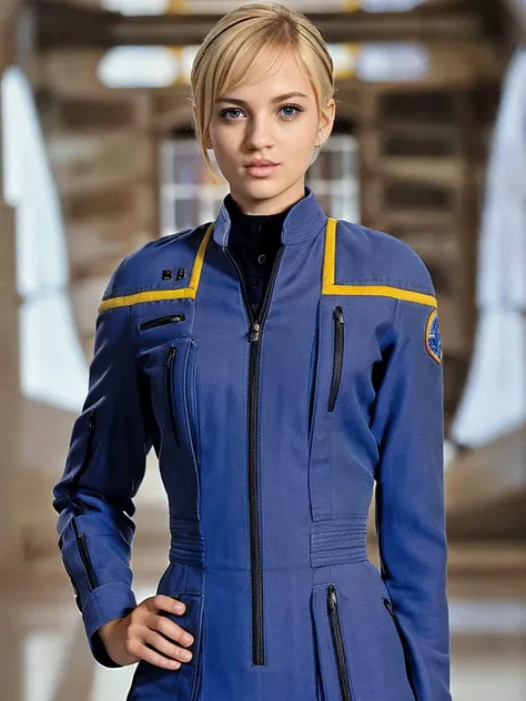 j3nny-001, blonde pixie cut hair, blue eyes, wearing enterpriseuniform, female fit, left sleeve patch, dark blue jumpsuit, yellow piping on shoulders. closeup. , dark sci-fi interior.. <lora:enterpriseuniform_lora:1>