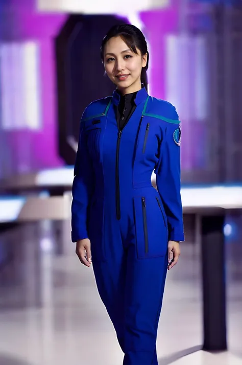 arafed woman in blue jumpsuit walking on runway