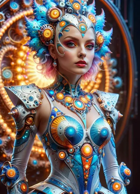 a woman in a futuristic outfit with a blue and orange hair