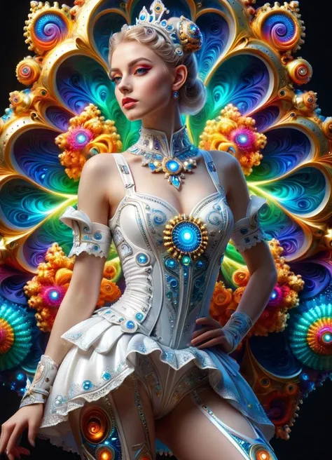 Neo-Rococo, (full body shot) beautiful shiny white rich galactic prima ballerina clowncore russian cyborg college girl, golden ratio details, sci - fi, fantasy, cyberpunk, intricate, decadent, highly detailed, digital painting, ever after high, octane rend...