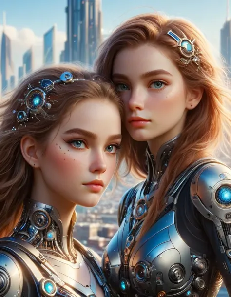 cinematic still two beautiful young ral-iontinvevisions women that are best friends, blushing, close-up, sunny weather, ruined city the background, future world, bokeh, best quality, HD, intricate, digital art, trending on artstation . emotional, harmoniou...