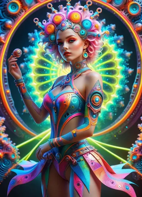 Ombre color scheme of neon pink, neon blue, neon yellow, neon green, neon orange, psychedelic style (full body shot) beautiful shiny white rich galactic prima ballerina clowncore russian cyborg college girl, golden ratio details, sci - fi, fantasy, cyberpu...