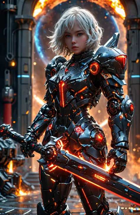 a woman in armor holding a sword in front of a fire