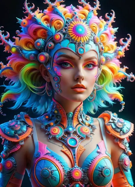 a woman with colorful hair and a colorful headdress