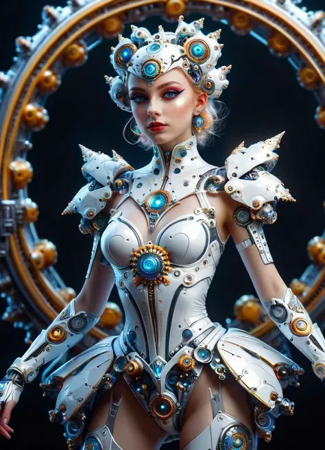 a woman in a futuristic outfit with a clock and a ring