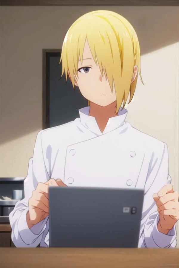 junsatou, <lora:jun satou s2-lora-nochekaiser:1>,
jun satou, blonde hair, male focus, (hair over one eye:1.5), (brown eyes:1.3), 
BREAK apron, buttons, kitchen, chef,
BREAK indoors, restaurant,
BREAK looking at viewer, (cowboy shot:1.5),
BREAK <lyco:GoodHa...