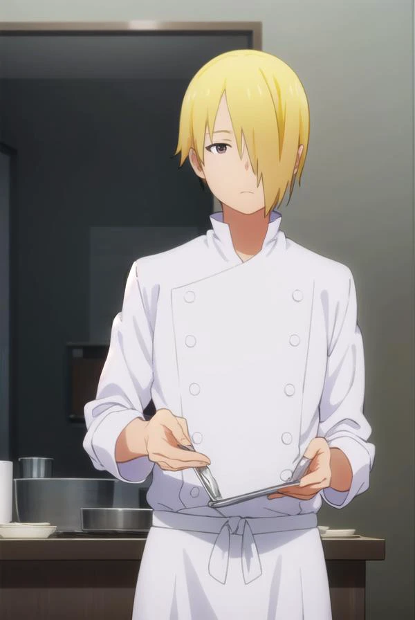 junsatou, <lora:jun satou s2-lora-nochekaiser:1>,
jun satou, blonde hair, male focus, (hair over one eye:1.5), (brown eyes:1.3), 
BREAK apron, buttons, kitchen, chef,
BREAK indoors, restaurant,
BREAK looking at viewer, (cowboy shot:1.5),
BREAK <lyco:GoodHa...