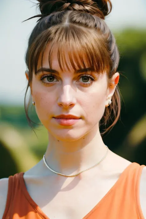 Realistic photo of a beautiful woman, hhayleyy,  looking at viewer, braided hair, neon bun hair, casually dressed, bare shoulders,  upper body, sleeveless, simple necklace, bokeh background, realistic, soft lighting, professional Photography, Photorealisti...