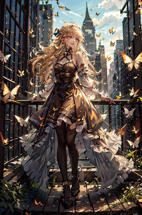 <lora:Butterflyè´è¶_v1.0:0.6> Butterfly, Cityscape, <lora:Marina_Lucce_Maxetto_OC_v2:0.45> smile, Marina_Lucce_Maxetto_OC, 1girl, solo, blonde, very long hair, french braid, hair ribbon, frilled choker, criss-cross halter, sleeveless dress, high-waist sk...