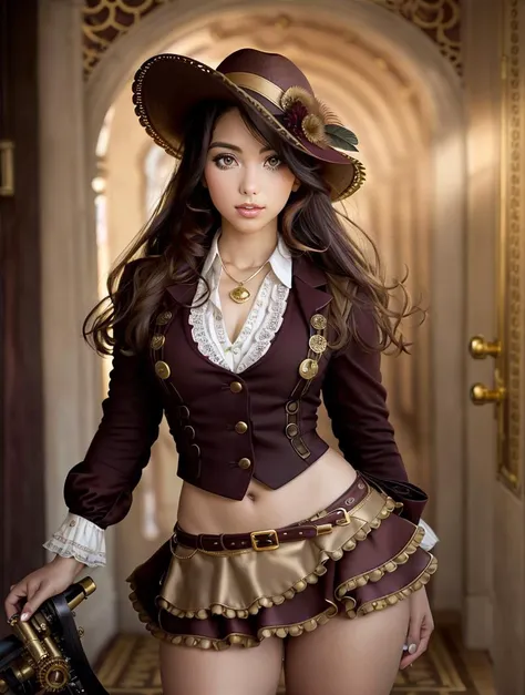 melodywylde, woman, 
medium shot,
in this steampunk candid photo, our subject's clothing is a work of art in itself. they wear a...