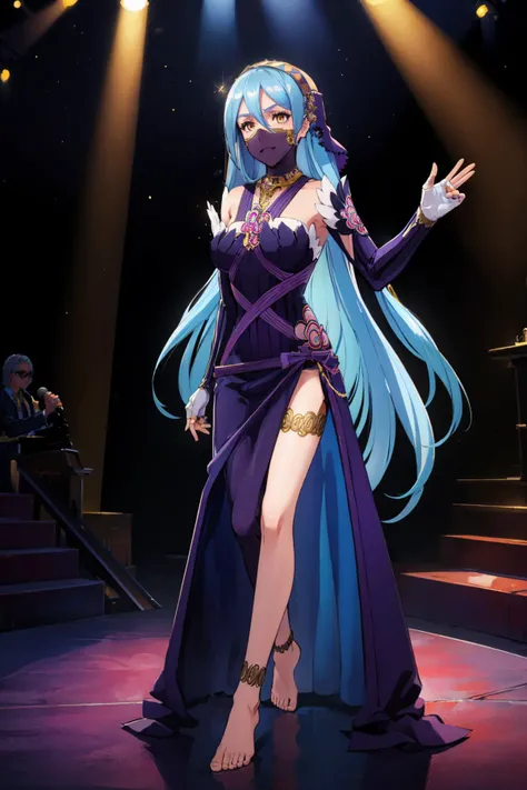 masterpiece, best quality, per_azura, single leg purple pantyhose, necklace, asymmetrical legwear, purple dress, purple veil, barefoot, gloves, anklet, mouth veil, jewelry, fingerless gloves, elbow gloves, stage, spotlight, standing, raised hand, raising r...