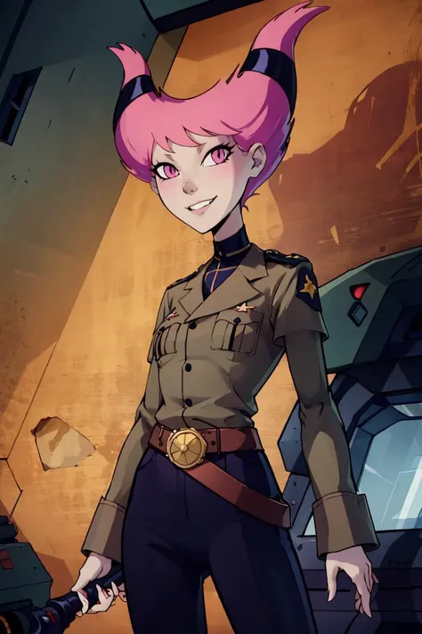 ((masterpiece,best quality)), absurdres, <lora:Jinx_TeenTitans:0.8>, Jinx_TeenTitans,   1girl, solo, pink eyes, pink hair, grey skin, hair up, pale skin, medium hair, hair horns, solo, smiling, looking at viewer, cowboy shot, military uniform, military, so...