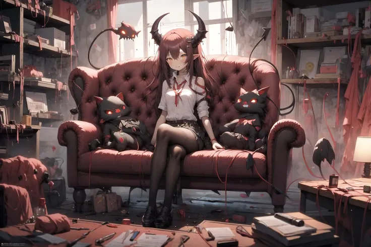 anime girl sitting on a red chair in a room with books and a lamp