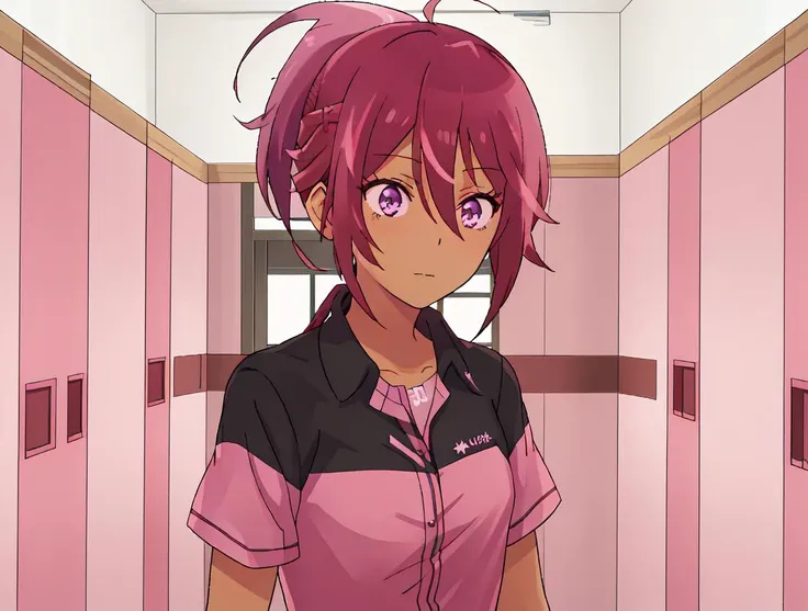 anime girl with pink hair and purple eyes in a pink room