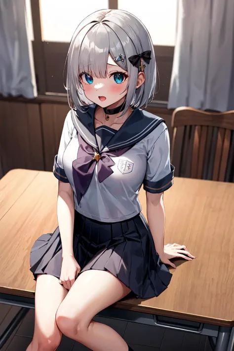 masterpiece, best quality, highres, 1girl, aasumire, short hair, grey hair, hair bow, hair ornament, <lora:kaga_sumire_v1:0.7>, school uniform, serafuku, sailor collar, sitting, desk, short sleeves, paer