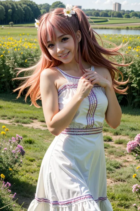 ((ultra detailed, masterpiece, best quality))
 <lora:DOAHonoka:0.9>
DOAHonoka, 1girl, solo, pink hair, long hair, In a field of wildflowers, wearing a flowing dress, smiling