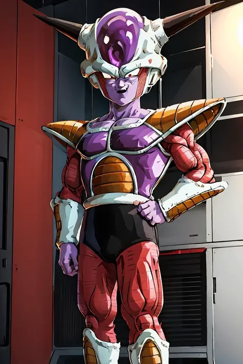 a close up of a cartoon character with a purple outfit