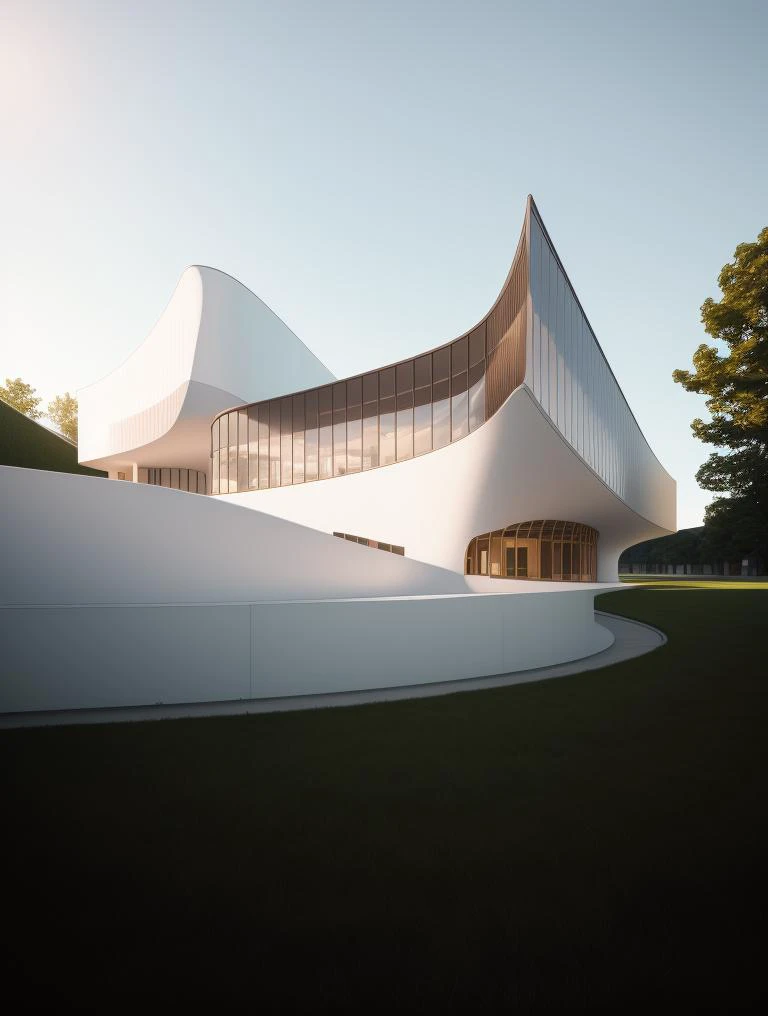 a white building with a curved roof and a grassy area