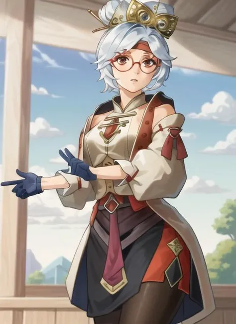 ((best quality)), ((highly detailed)), masterpiece, (detailed eyes, deep eyes), (1girl), cowboy shot, <lora:purah-nvwls-v3:1>, purah, white hair, brown eyes, red headband, red glasses, hair ornament, white jacket, black gloves, sleeveless white shirt, blac...