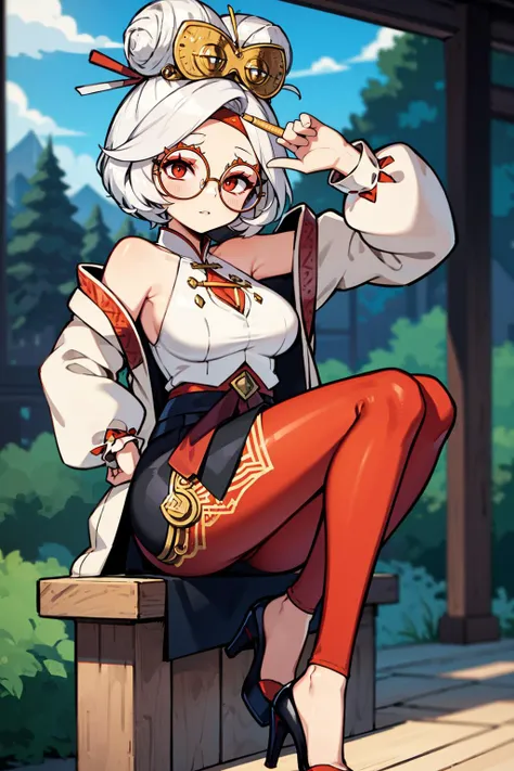 masterpiece, best quality, 8K RAW photo, film grain, beauty,  <lora:purah-nvwls-v3-final:.9> purah, red glasses, hair ornament, hair stick, red headband, white shirt, bare shoulders, white jacket, black skirt, orange leggings, high heels,,