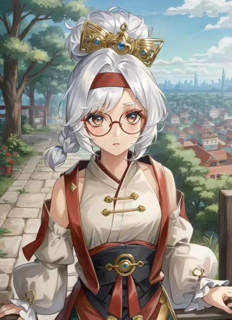 ((best quality)), ((highly detailed)), masterpiece, detailed face, beautiful face, (detailed eyes, deep eyes), (1girl), cowboy shot, <lora:purah-nvwls-v3:.8>, purah, white hair, brown eyes, red headband, red glasses, hair ornament, furisode, outside, palac...