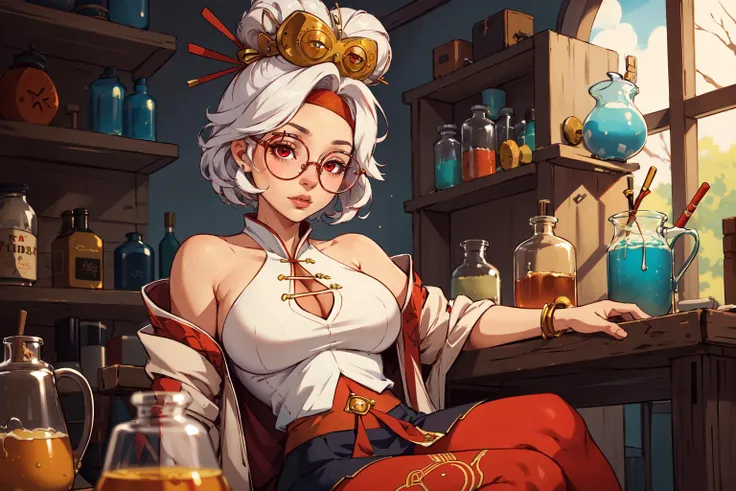 (masterpiece,best quality,absurdres,beautiful,aesthetic,detailed),brewing potions in a laboratory,1girl,sitting,purah,red glasses, hair ornament, hair stick, red headband, white shirt, bare shoulders,skirt,orange leggings <lora:purah-nvwls-v3-2:0.8>