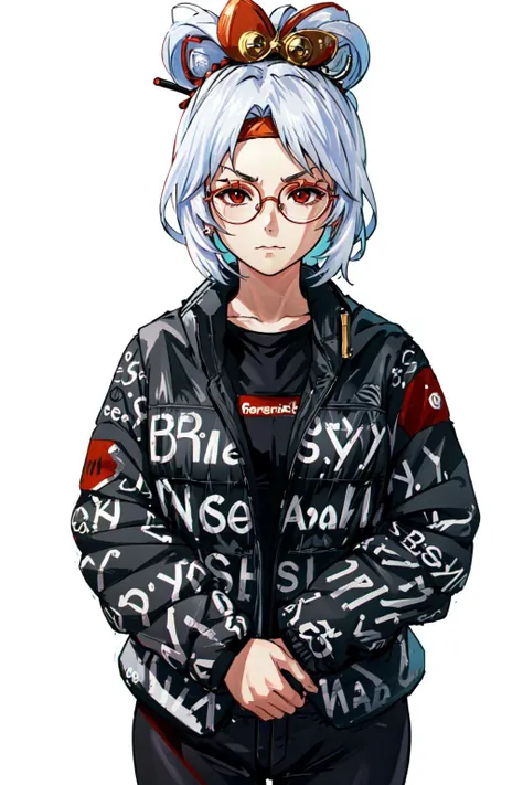 drip jacket,white background, shirt, closed mouth, open clothes, black pants, pants, 1girl, black shirt, looking at viewer, open jacket, solo, own hands together, (masterpiece:1.4), (best quality:1.4), realistic, 1girl, front view, serious, <lora:concept_d...