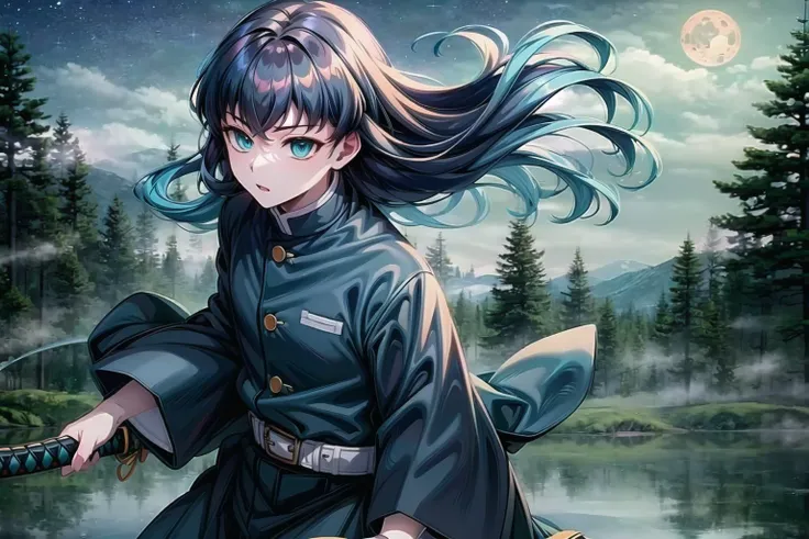 (best quality), high quality, [masterpiece, highres], pixiv featured, (1boy), ((handsome:0.75) cool boy:0.8), [detailed] background [illustration], tokitou muichirou, black hair, bangs, aqua eyes, demon slayer uniform, belt, black jacket, sleeves past fing...