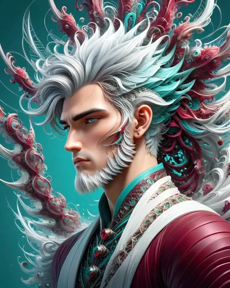 art by ivan talavera, artgerm, loish, rossdraws and Yang J, Uptight (Male Oliarch:1.1) , Silver hair styled as The comb-over fade, Teal and dark white background, Panorama, L USM, Maroon color grading, Best quality, <lora:ral-frctlgmtry:1> ral-frctlgmtry