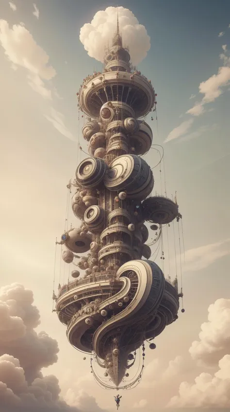 a tall tower with many spirals and clouds in the sky