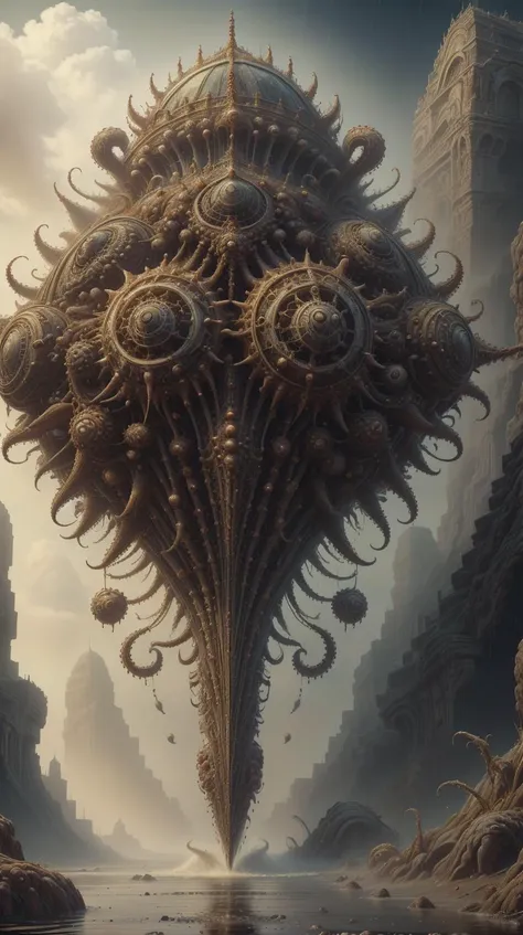 a painting of a giant structure with many tentacles floating in the air