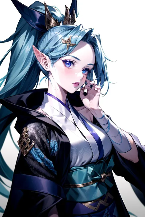 absurdres, best quality, 1girl, solo, looking at viewer, eye focus, <lyco:GoodHands-beta2:1.0>,   <lora:spirit_blossom_vayne:0.8>, spirit blossom vayne, kimono, hair ornament, blue hair