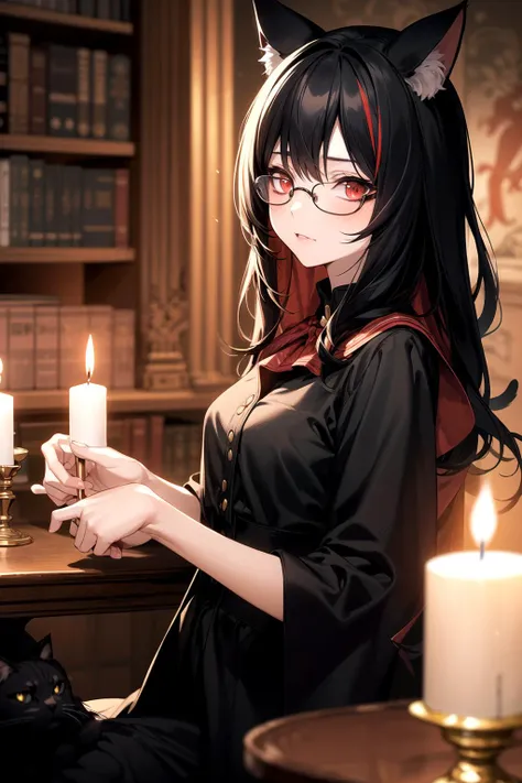 (cat girl), library, (warm tone:1.5), red eyes, black hair, red streaks in hair, focused expression, high quality, wallpaper, trending on artstation, 1girl, relaxing, night, wearing black glasses, candle lit, dark academia