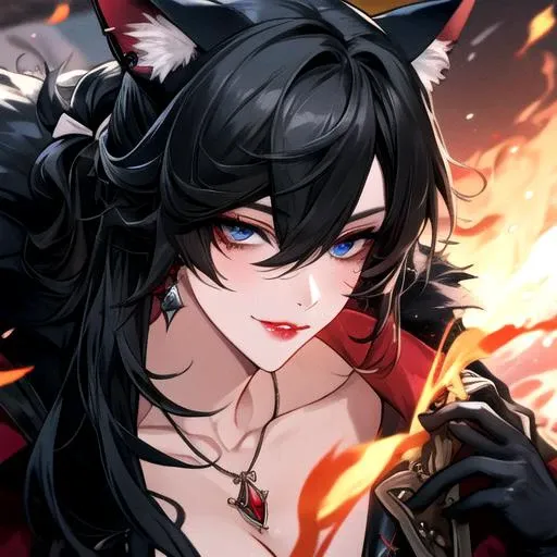 NSFW, masterpiece, best quality, man, visible fangs, very long ponytail, 1guy black gloves, black eyes, red pupil, red cat ear ribbons, crossed bangs, delusion (genshin impact), earrings, framed, gloves, grey jacket, hair between eyes, jewelry, light smile...