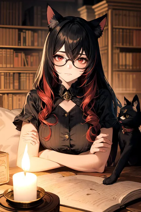 (cat girl), library, (warm tone:1.5), red eyes, black hair, red streaks in hair, focused expression, high quality, wallpaper, trending on artstation, 1girl, relaxing, night, wearing black glasses, candle lit, dark academia