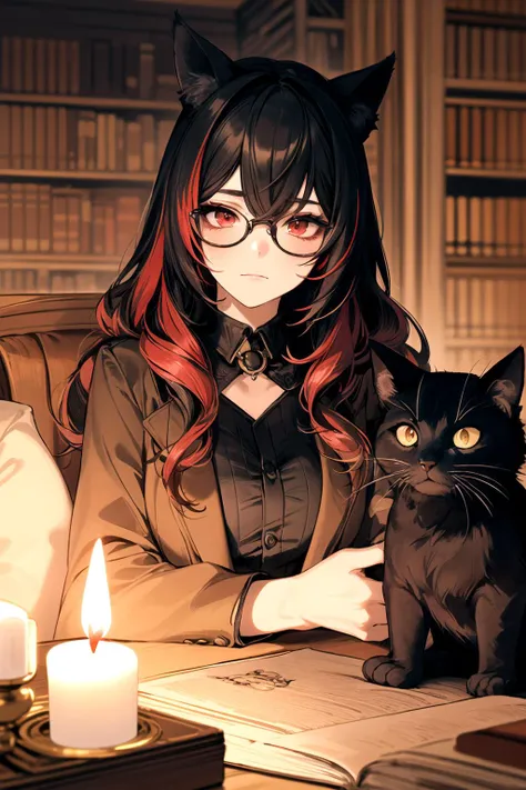 (cat girl), library, (warm tone:1.5), red eyes, black hair, red streaks in hair, focused expression, high quality, wallpaper, trending on artstation, 1girl, relaxing, night, wearing black glasses, candle lit, dark academia