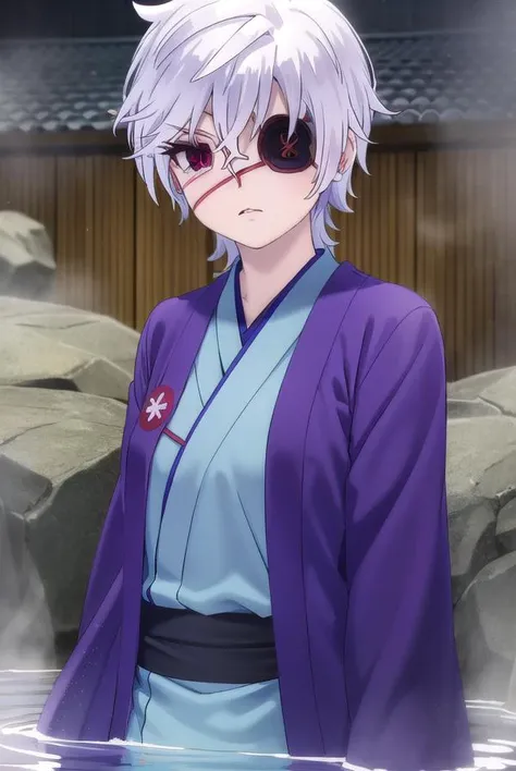 oboroshintou, <lora:oboro shintou s1-lora-nochekaiser:1>,
oboro shintou, (purple eyes:1.1), white hair, (eyepatch:1.5),
BREAK japanese clothes, kimono, blue kimono, haori,
BREAK outdoors, hot spring, onsen,
BREAK looking at viewer, (cowboy shot:1.5),
BREAK...