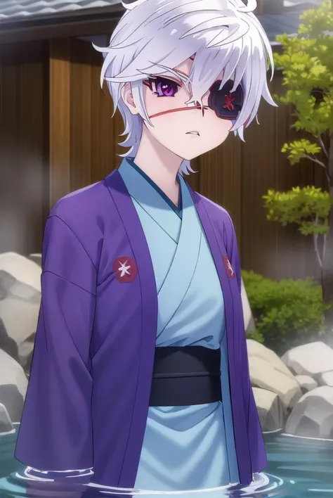 oboroshintou, <lora:oboro shintou s1-lora-nochekaiser:1>,
oboro shintou, (purple eyes:1.1), white hair, (eyepatch:1.5),
BREAK japanese clothes, kimono, blue kimono, haori,
BREAK outdoors, hot spring, onsen,
BREAK looking at viewer, (cowboy shot:1.5),
BREAK...