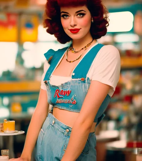 (masterpiece) high detailed raw, a waitress in an 80s diner, pinup, art style, kodak portra 400, cinematic, (smiling:0.6), (clos...