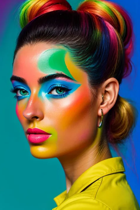 a woman with bright makeup and colorful hair is posing