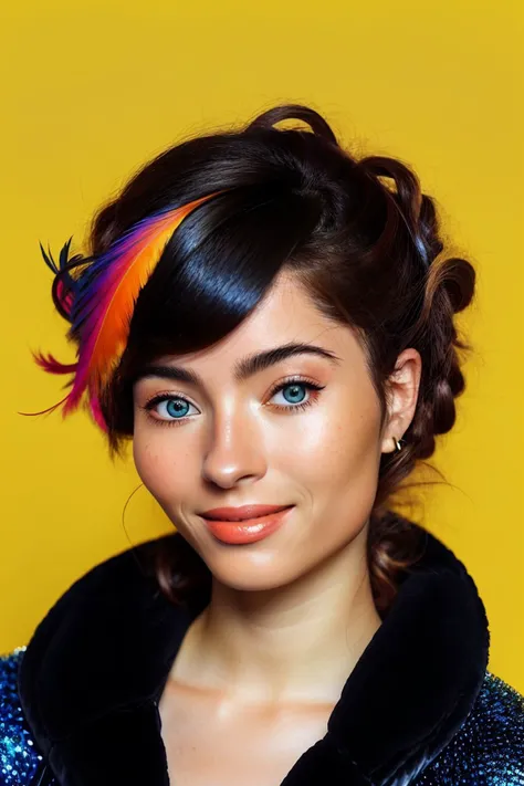 a close up of a woman with a colorful hair band