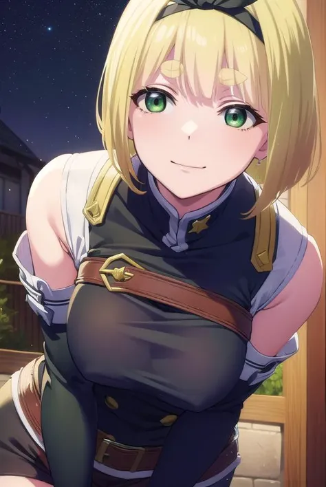 shushusuruga, <lora:shushu suruga s1-lora-nochekaiser:1>,
shushu suruga, short hair, bangs, hair ribbon, hairband, blunt bangs, thick eyebrows, (green eyes:1.3), yellow hair, smile,
BREAK gloves, shorts, elbow gloves, belt, buttons, military uniform, milit...