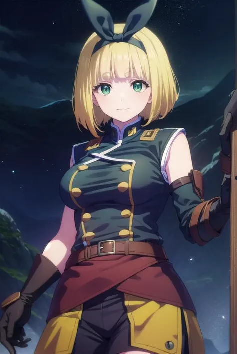 shushusuruga, <lora:shushu suruga s1-lora-nochekaiser:1>,
shushu suruga, short hair, bangs, hair ribbon, hairband, blunt bangs, thick eyebrows, (green eyes:1.3), yellow hair, smile,
BREAK gloves, shorts, elbow gloves, belt, buttons, military uniform, milit...