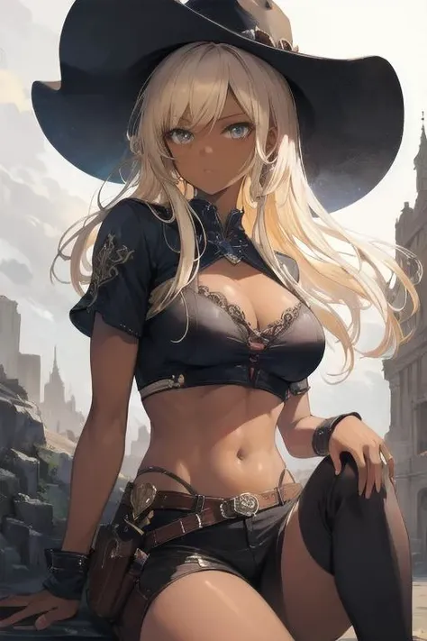 1girl, cowgirl outfit, holster, holstered weapon, masterpiece, best quality, highly detailed, <lora:cowgirl_outfit_v0.1a:0.6>
BREAK
midriff, big breasts, (dark skin:1.2), blonde hair, grey eyes, 
BREAK
Black clothes, black hat, wind blowing
BREAK
detailed ...