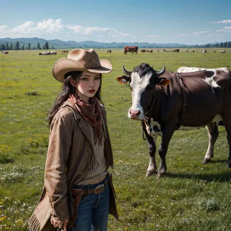 woman in cowboy outfit standing in a field with cows