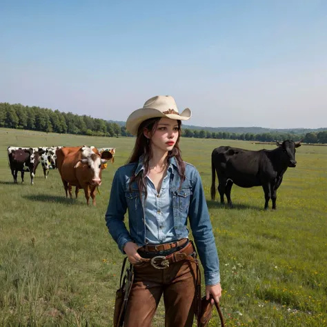 woman in cowboy hat standing in a field with cows