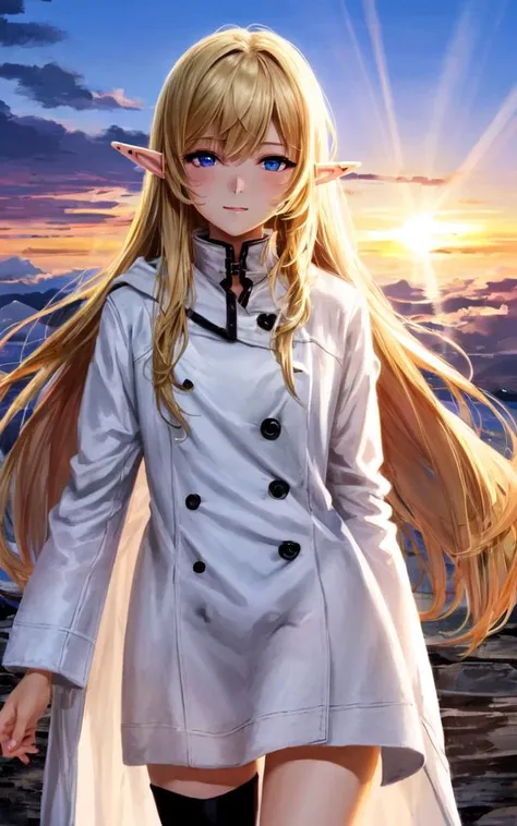 a woman in a white coat and black stockings standing on a rock