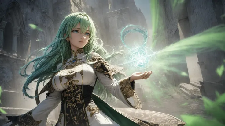 a woman with green hair and a white dress holding a green ball