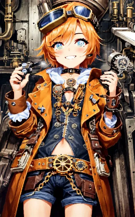 anime girl with steam punk outfit and hat holding a gun