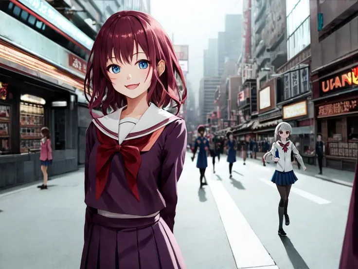 petite 1girl school_Uniform burgundy hair turquoise eyes, smile fang, best quality, high detailed, Faint lips,UC:realistic, cinematic lighting, cowboy shot , Doutonbori deep shadows, depth of field half moon, night